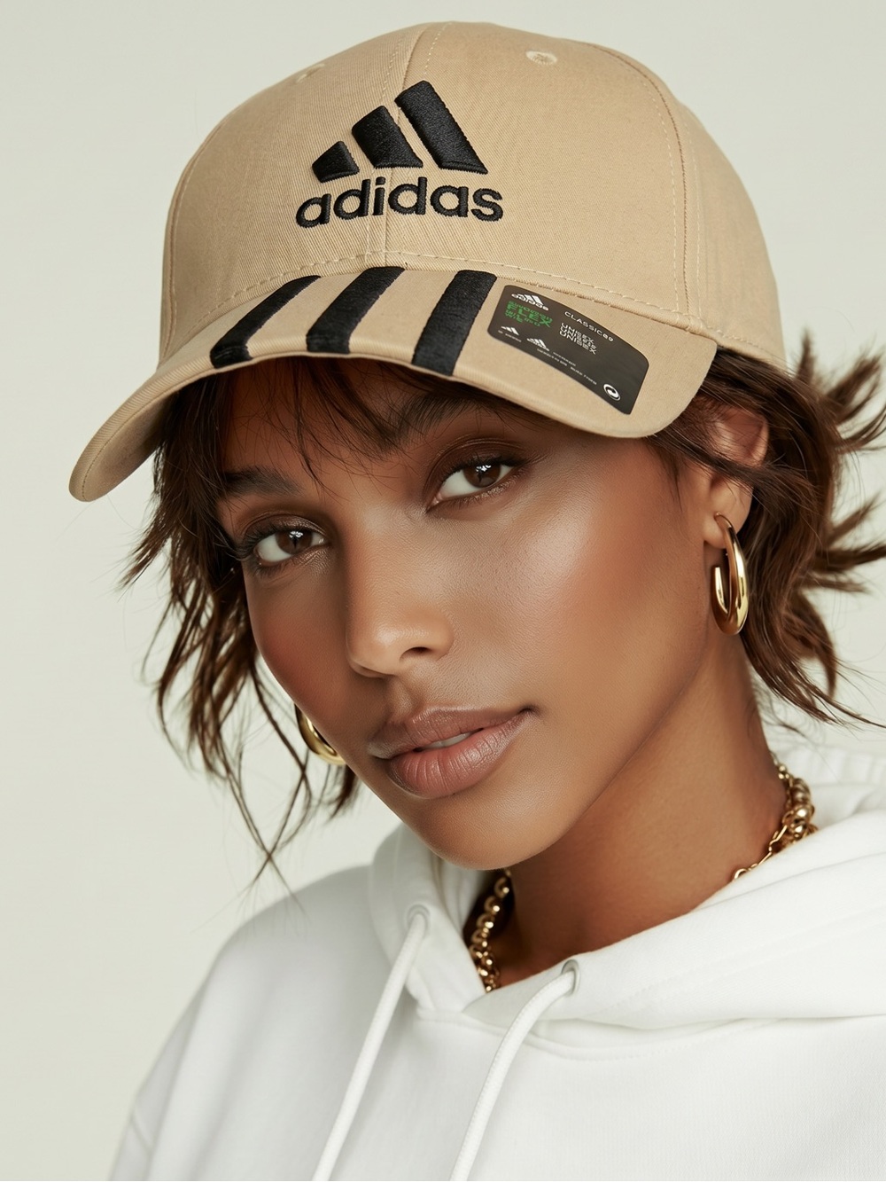 adidas Khaki Baseball Cap with Black Logo and Stripes